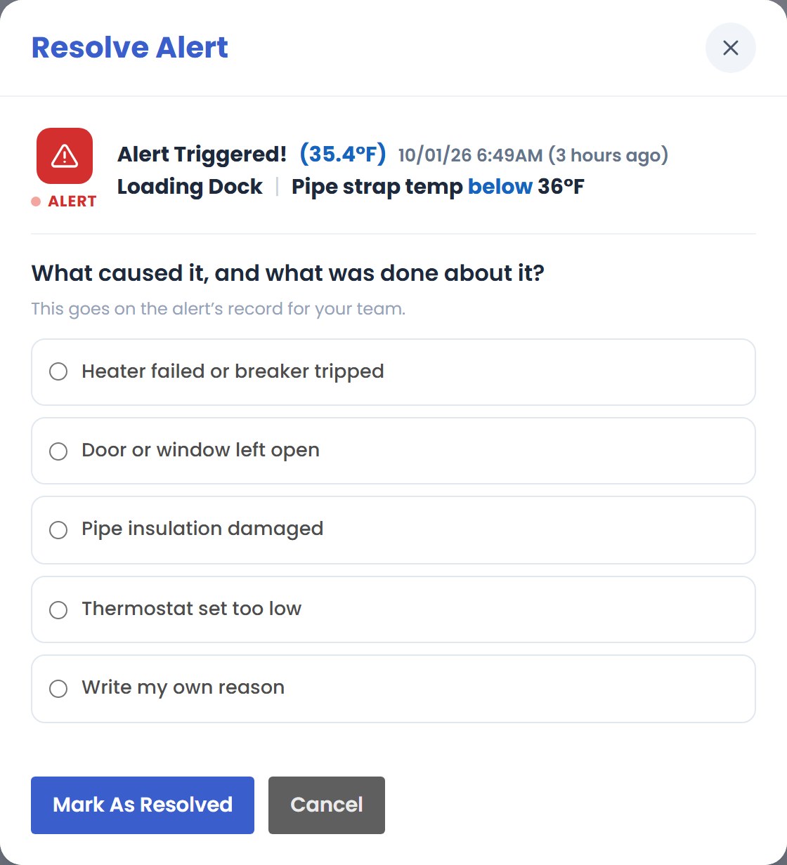 The Resolve Alert window asking what caused it, with reasons to choose from