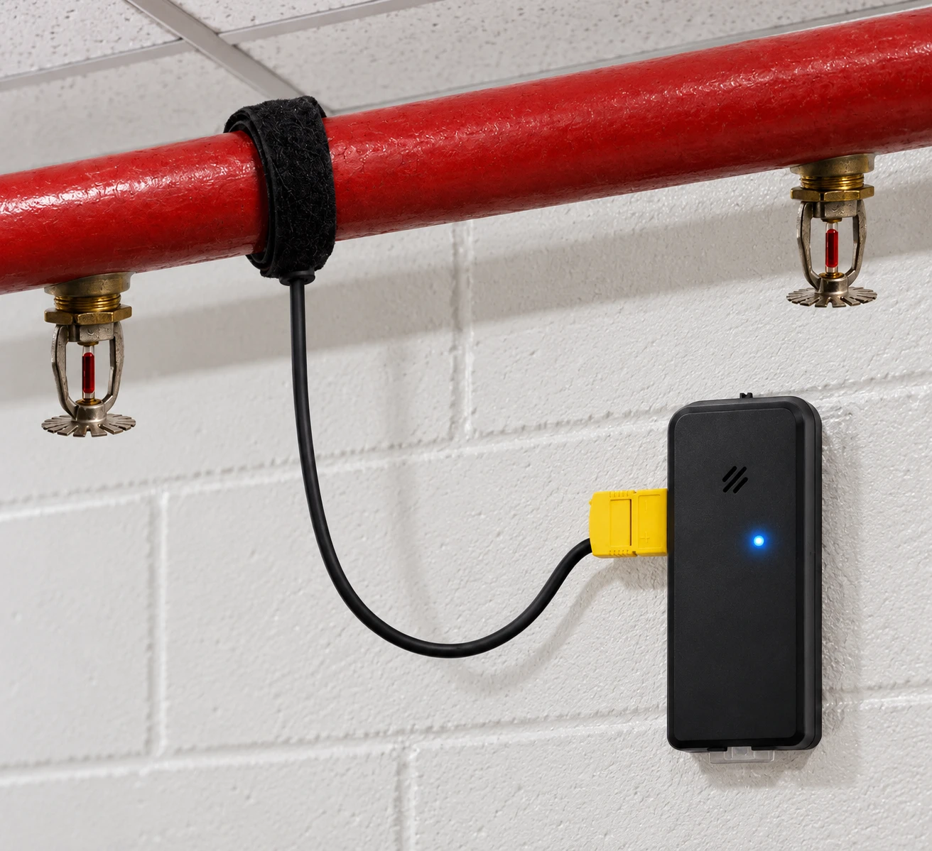 A Temp Stick mounted on a wall, its cable running up to the Velcro pipe strap on a red sprinkler pipe