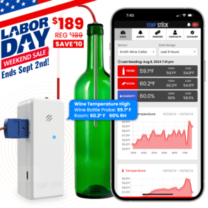Labor Day Sale - Temp Stick for Wine with WIne Bottle Probe - WiFi Temperature and Humidity Monitor - White