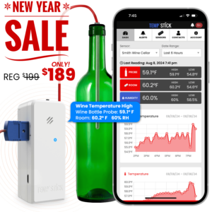 New Year Sale - Temp Stick for Wine with WIne Bottle Probe - WiFi Temperature and Humidity Monitor - White